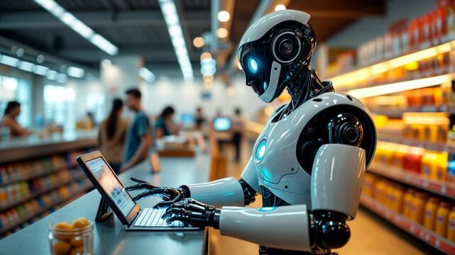 Humanoid robot working on a laptop in a bustling supermarket. Concept of artificial intelligence, technology, and automation in retail environments.