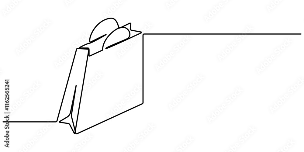 Poster Shopping bag in continuous line art drawing style. Paper package black linear sketch isolated on white background. Vector illustration, Continuous single line drawing of shopping bag design. Simple .