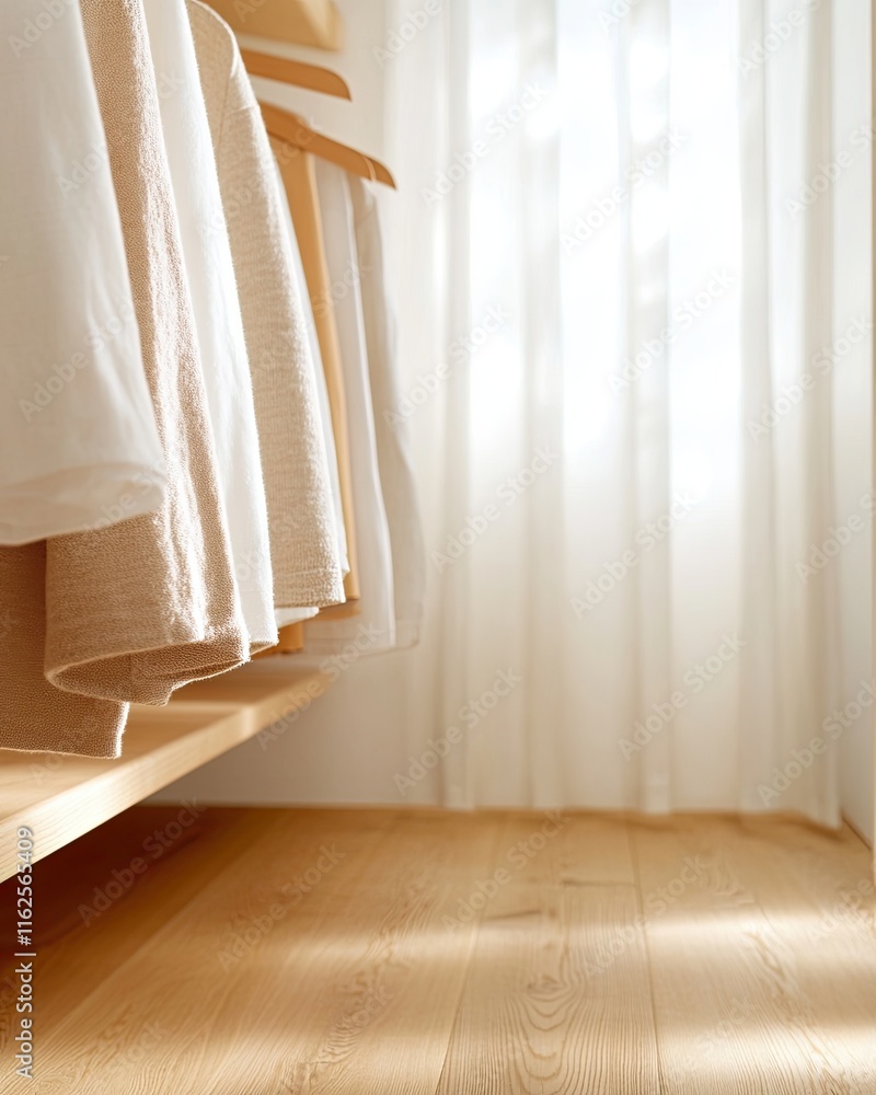 Poster Captivating Wardrobe Transformation in a Serene Light-Filled Space Inviting Dreams and Style