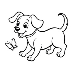 Line art design of a playful cartoon puppy, chasing a butterfly.eps