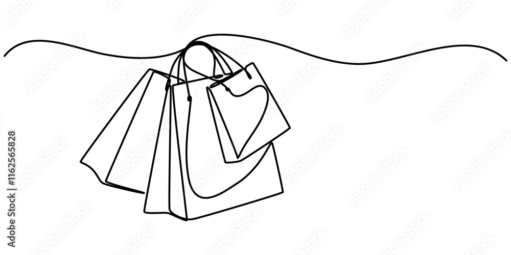 Poster Shopping bag in continuous line art drawing style. Paper package black linear sketch isolated on white background. Vector illustration, Continuous single line drawing of shopping bag design. Simple .