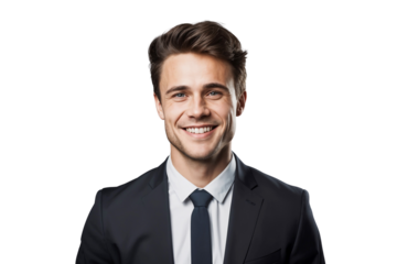 Young handsome businessman in suit, smiling nicely, professional headshot, isolated on transparent background