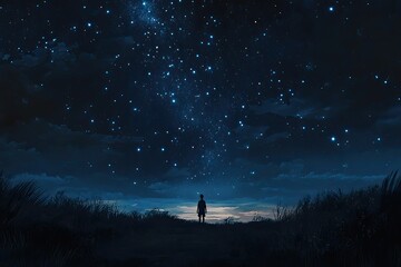 Fototapeta premium A solitary figure gazes at a breathtaking starry night sky