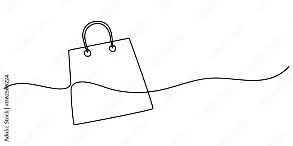 Poster Shopping bag in continuous line art drawing style. Paper package black linear sketch isolated on white background. Vector illustration, Continuous single line drawing of shopping bag design. Simple .