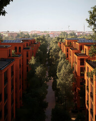 Modern orange apartment buildings with solar panels, nestled amongst lush green trees, offering a sustainable urban living concept.