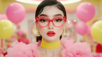 A stylish young woman with red cat-eye glasses poses against a backdrop of pastel balloons.  She wears a pink ruffled top and a yellow choker.