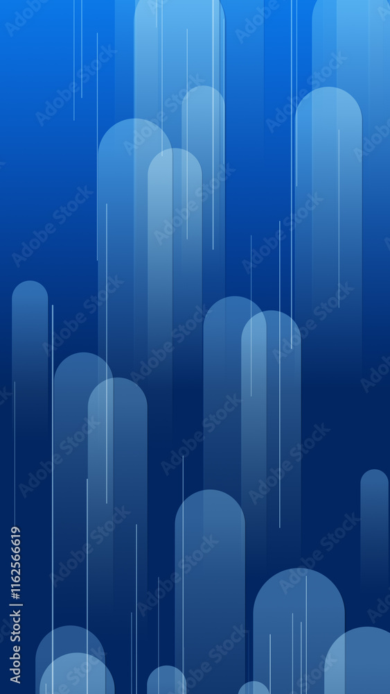 Poster blue lines and shapes are moving from the bottom of a gradient abstract background, vertical composi