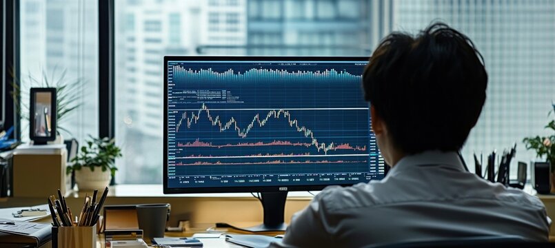 Stock trader analyzing cryptocurrency chart data on computer in office