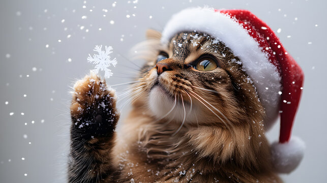 A detailed photography of a chubby Persian cat with long fur, wearing a tilted Santa hat and playfully swiping at imaginary snowflakes, standing out against the white background.