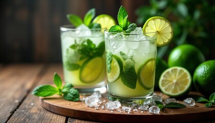Two refreshing mojito cocktails in glasses filled with ice cubes mint leaves, lime slices. Ingredients for making cocktails displayed on wooden board. Fresh drinks with lime, mint ready for summer