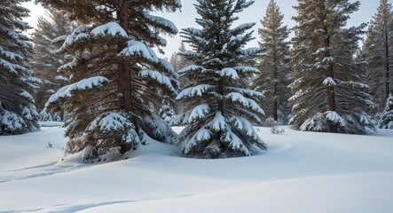 Pine trees with snowdrifts around their bases showcasing winter depth