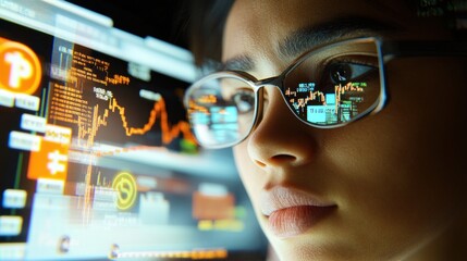 Businesswoman analyzing cryptocurrency market data reflected in glasses