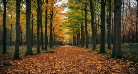 Obraz premium Quiet forest with leaves crunching underfoot in the crisp autumn air