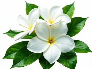 Fototapeta premium White Gardenia Flowers Isolated PNG, Lush Green Leaves, Elegant Floral Image, High-Resolution