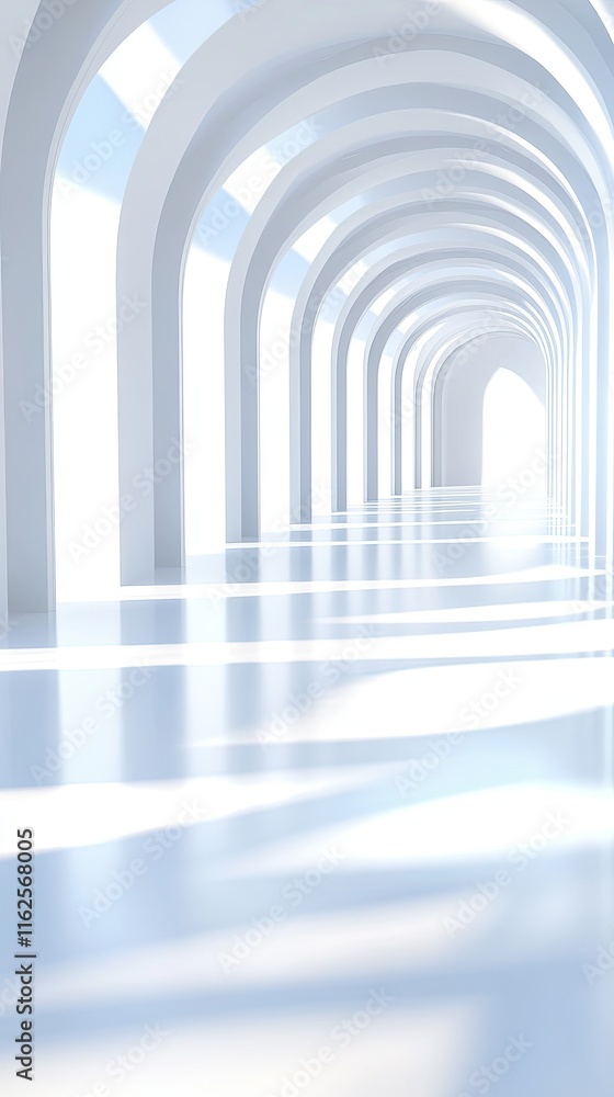 Poster exploring a futuristic white minimalistic corridor illuminated by backlit technology