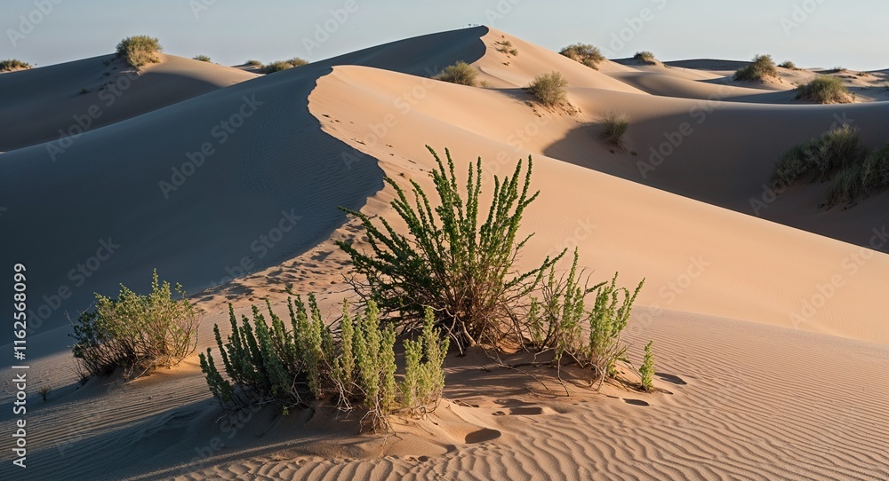 Poster sand dunes with scattered desert flora proving life can thrive in harsh conditions