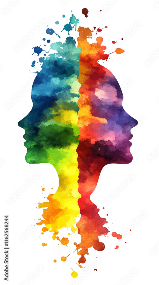 Poster transparent silhouettes facing opposite directions, blending profiles symbolizing human connection a