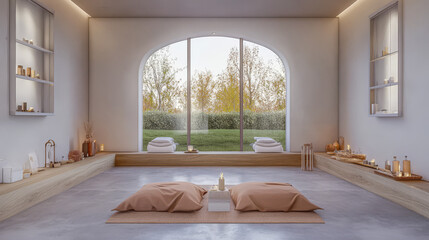 Serene meditation space with natural light and tranquil outdoor view in a modern design