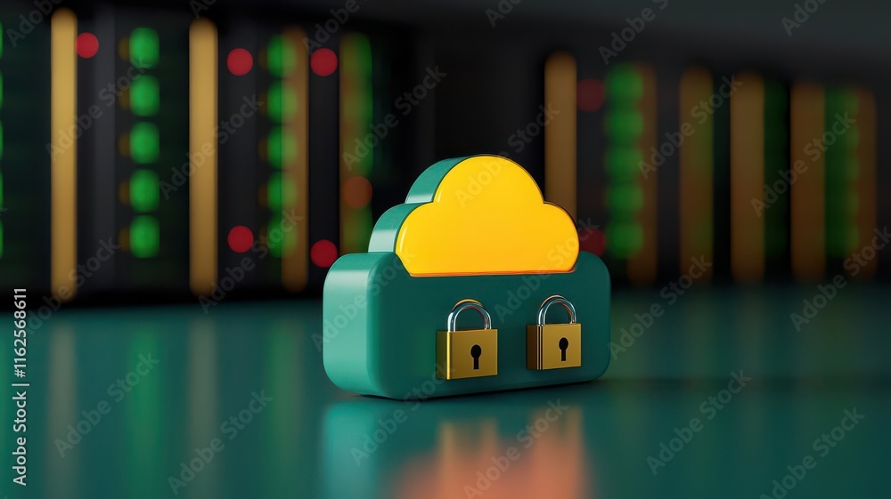 Poster cloud storage concept. a futuristic cloud server room glowing with secure locks and recovery icons