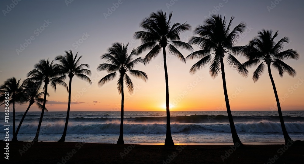Aufkleber silhouette of palm trees with dawn waves creating a postcard perfect image