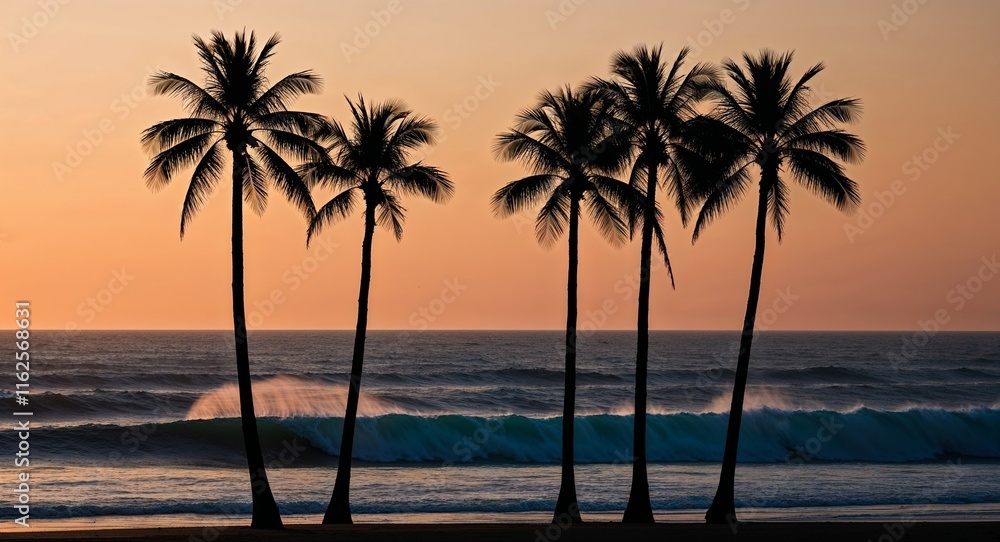 Poster silhouette of palm trees with dawn waves creating a postcard perfect image