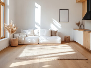 Bright and airy living room with cozy sofa and natural decor in a modern interior space