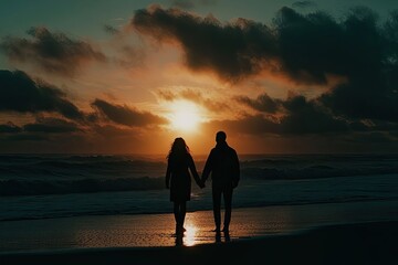 Fototapeta premium Couple Silhouetted Against a Vibrant Sunset Ocean