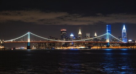 Obraz premium Skyline with the city bridge lit up adding structure to the night scene