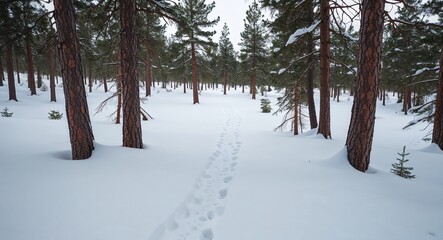 Snow on pine trees with footprints leading through telling a story of solitude