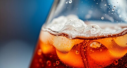 A glass of cola with ice, displaying soda bubbles