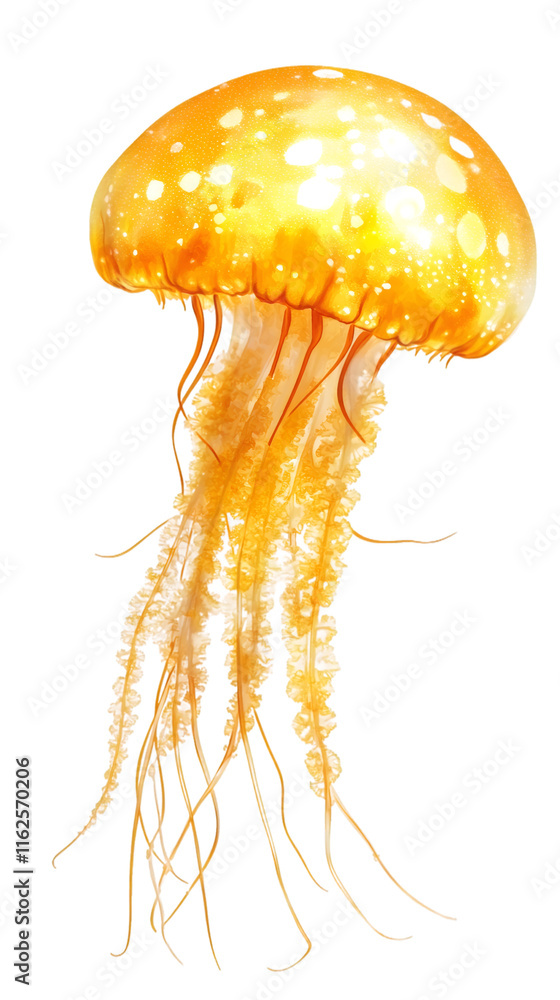 Poster vibrant yellow jellyfish gliding across transparent backdrop, representing marine ecosystem with flu