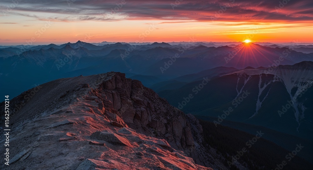 Poster sunset viewed from a mountain summit with layers of mountain ranges fading into the distance