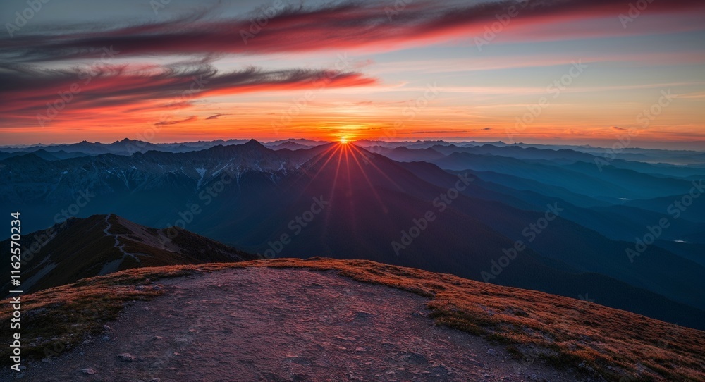 Poster sunset viewed from a mountain summit with layers of mountain ranges fading into the distance