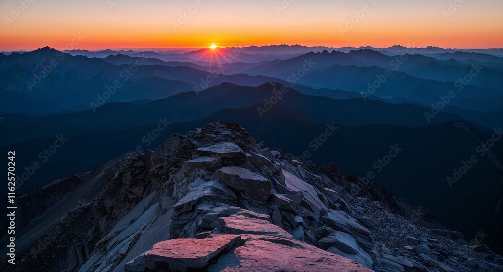 Poster sunset viewed from a mountain summit with layers of mountain ranges fading into the distance