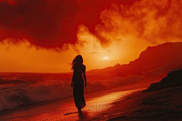 Obraz premium Woman Walking Towards Fiery Sunset Ocean