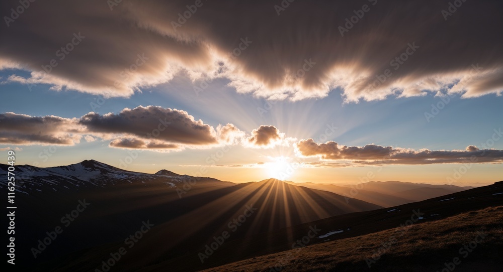 Poster sunset with a few clouds scattered around casting rays of light onto mountain slopes