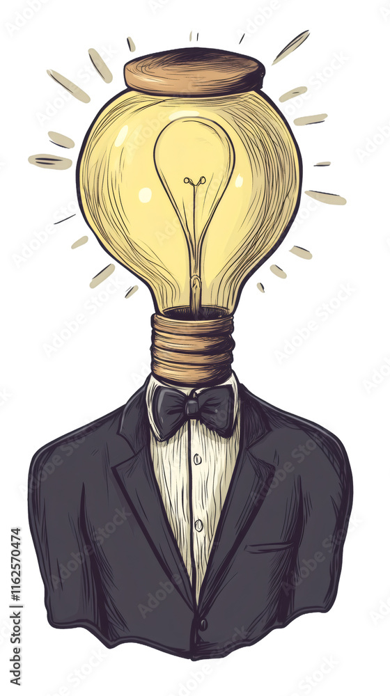 Poster Businessman sketched with illuminated light bulb replacing head, representing innovative thinking and creative problem-solving concept