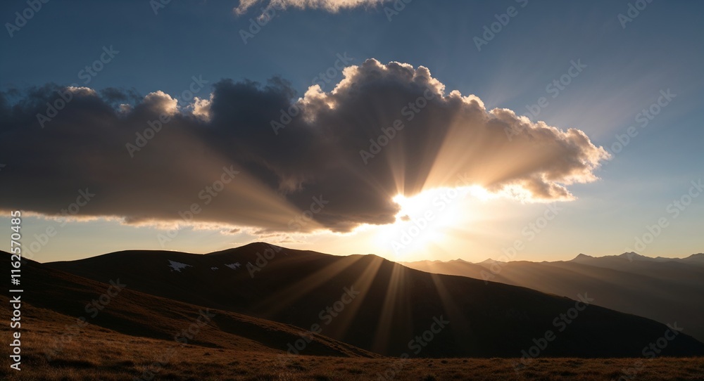 Poster sunset with a few clouds scattered around casting rays of light onto mountain slopes