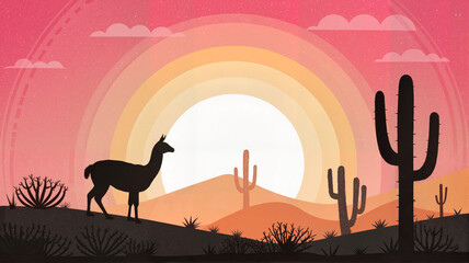 Silhouette of llama in desert sunset with cacti	