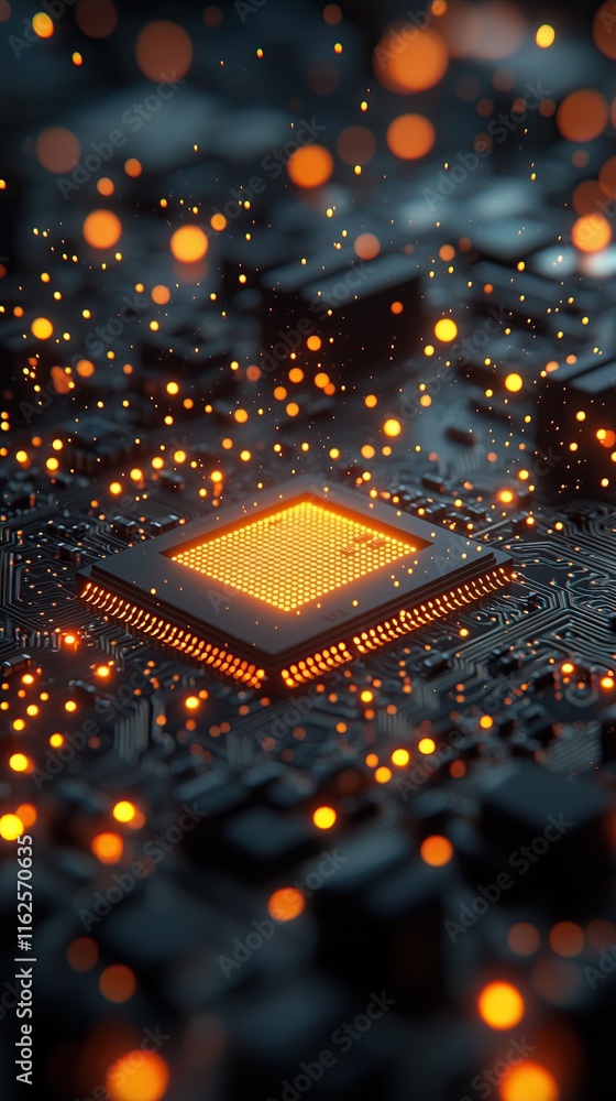 Poster Glowing microchip on circuit board data streams visualized as sparks