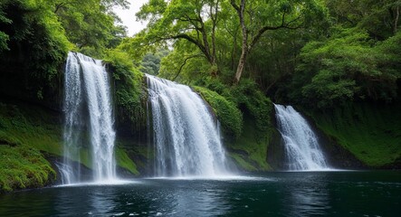 Obraz premium The cool spray of a waterfall cooling off a lush green environment