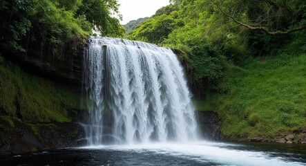 The cool spray of a waterfall cooling off a lush green environment