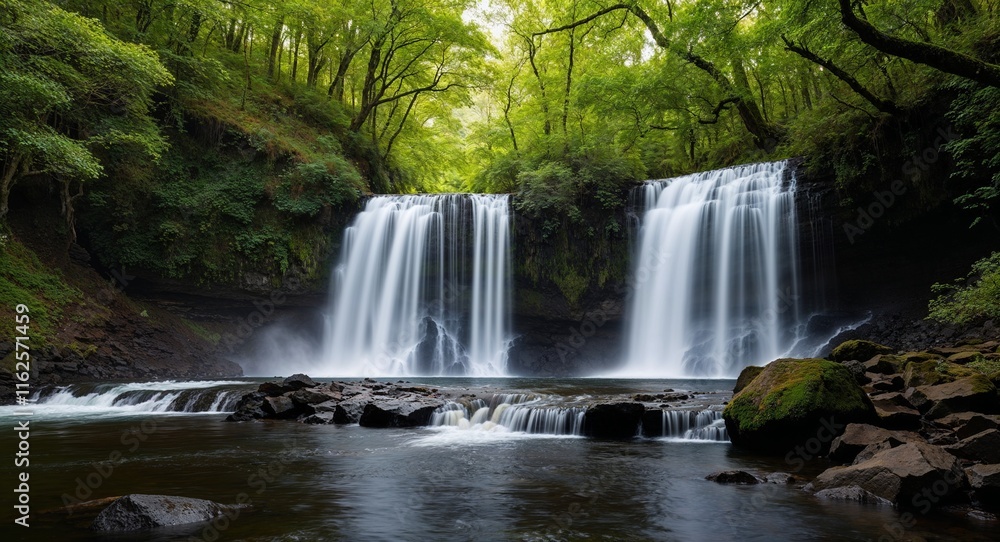 Poster waterfall cascading through a forest dense with greenery creating a natural symphony