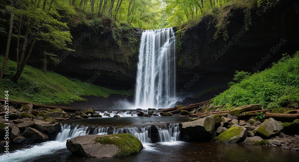 Poster waterfall cascading through a forest dense with greenery creating a natural symphony
