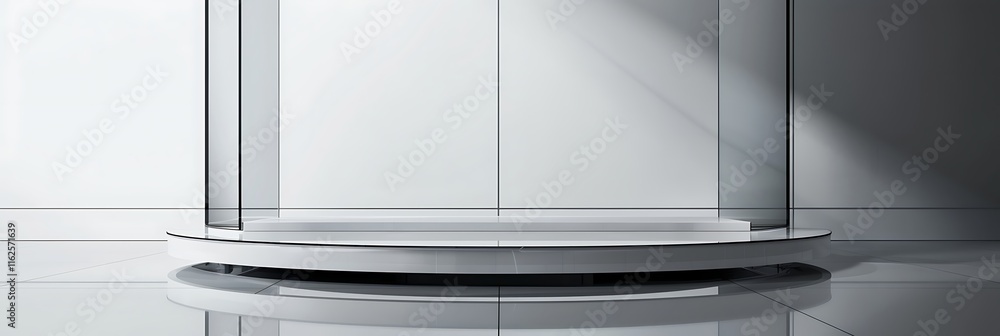 Poster clean, minimalist cylindrical glass display case on a round platform in a brightly lit, neutral envi