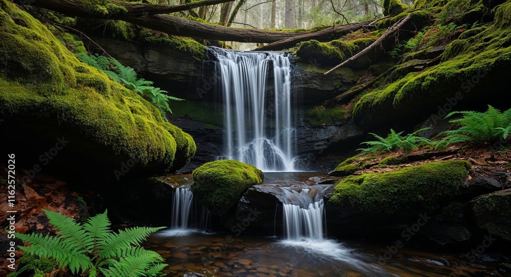 Poster waterfall with moss covered rocks and ferns creating a fairylike environment