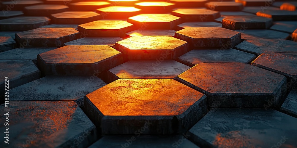 Poster hexagonal pattern illuminated by warm sunset light abstract geometric texture