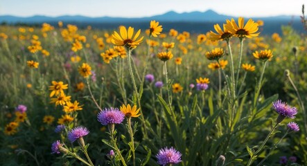 Obraz premium Wildflowers dotting a meadow with a backdrop of distant mountains