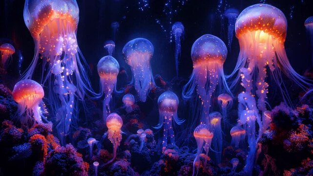 A group of Colorful jellyfishes floating in a coral reef with neon light, Nature background
