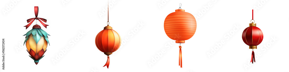 Poster decorative lanterns in various colors and designs, showcasing intricate patterns and shapes.